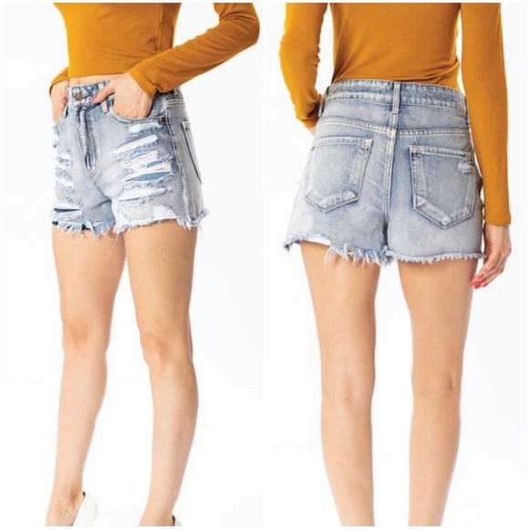 High Waist Destroyed Denim Shorts - Picture 5 of 7